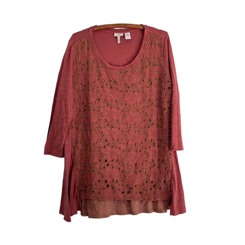 LOGO by Lori Goldstein Womens Maroon Brown Floral Embroidered Top Size Large